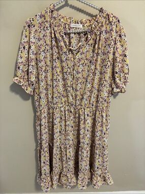 Chic Soul Plus Size 1X Dress Yellow Pink Floral Tiered Ruffle Smocked Boho